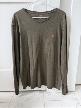 Mens Polo by Ralph Lauren Olive Long Sleeve V-Neck with Orange Polo Logo
